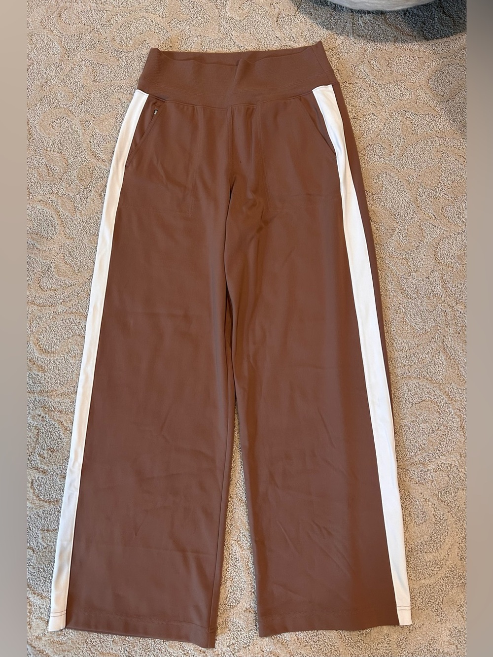 Athleta Brown Wide-Leg Track Pants with White Side Stripe
